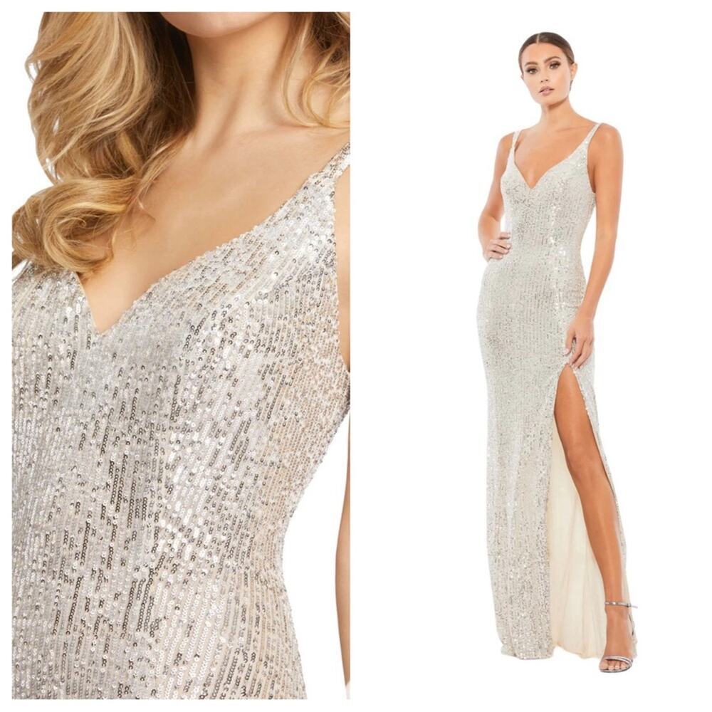 NWT IEENA for MAC DUGGAL Silver Fully Sequined Scoop Back Gown High Slit Women’s